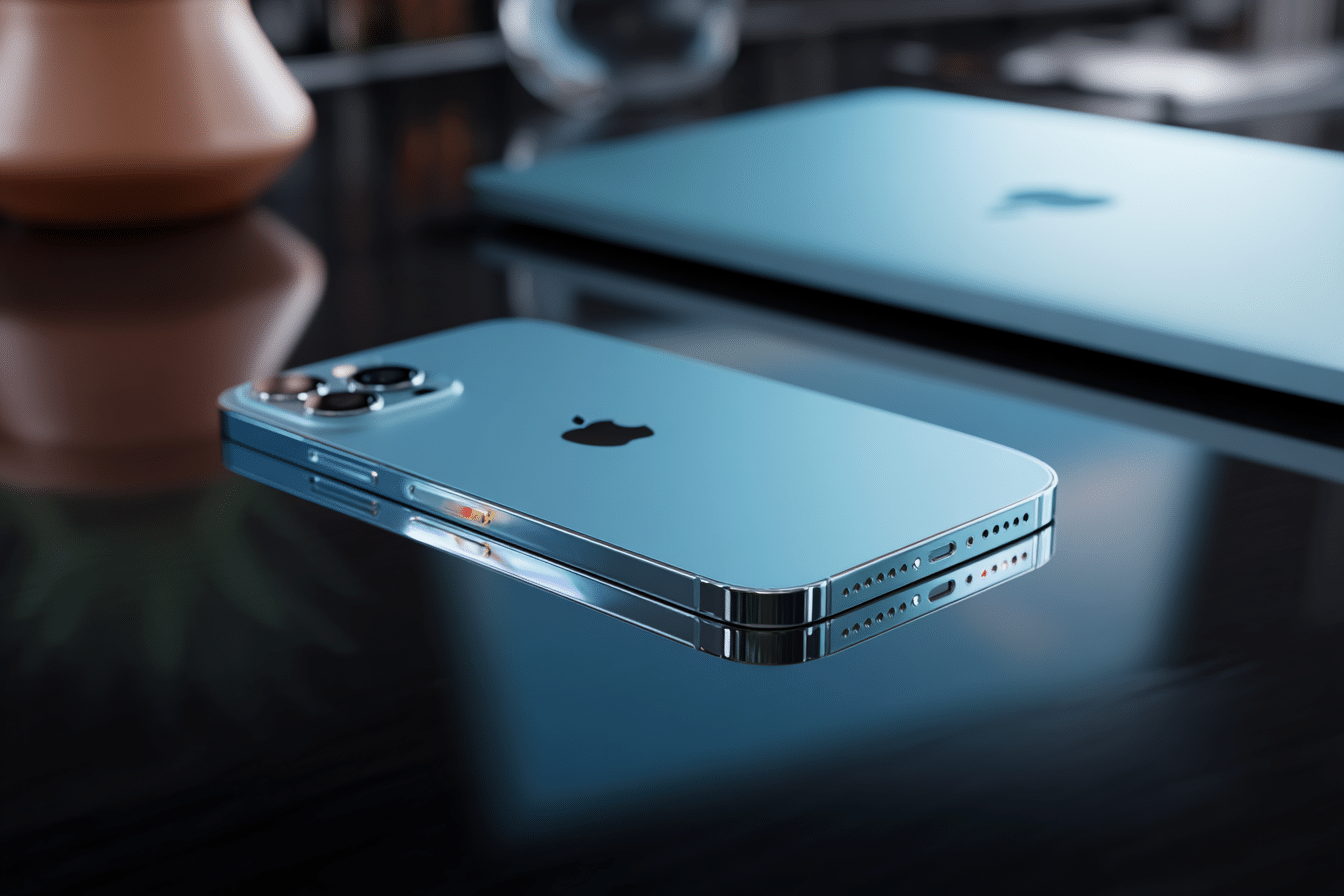 Image conceptuelle elegante dun iPhone 17 Pro flottant en lumiere tamisee dans sa nouvelle teinte Bleu ciel YuangFeng Blue