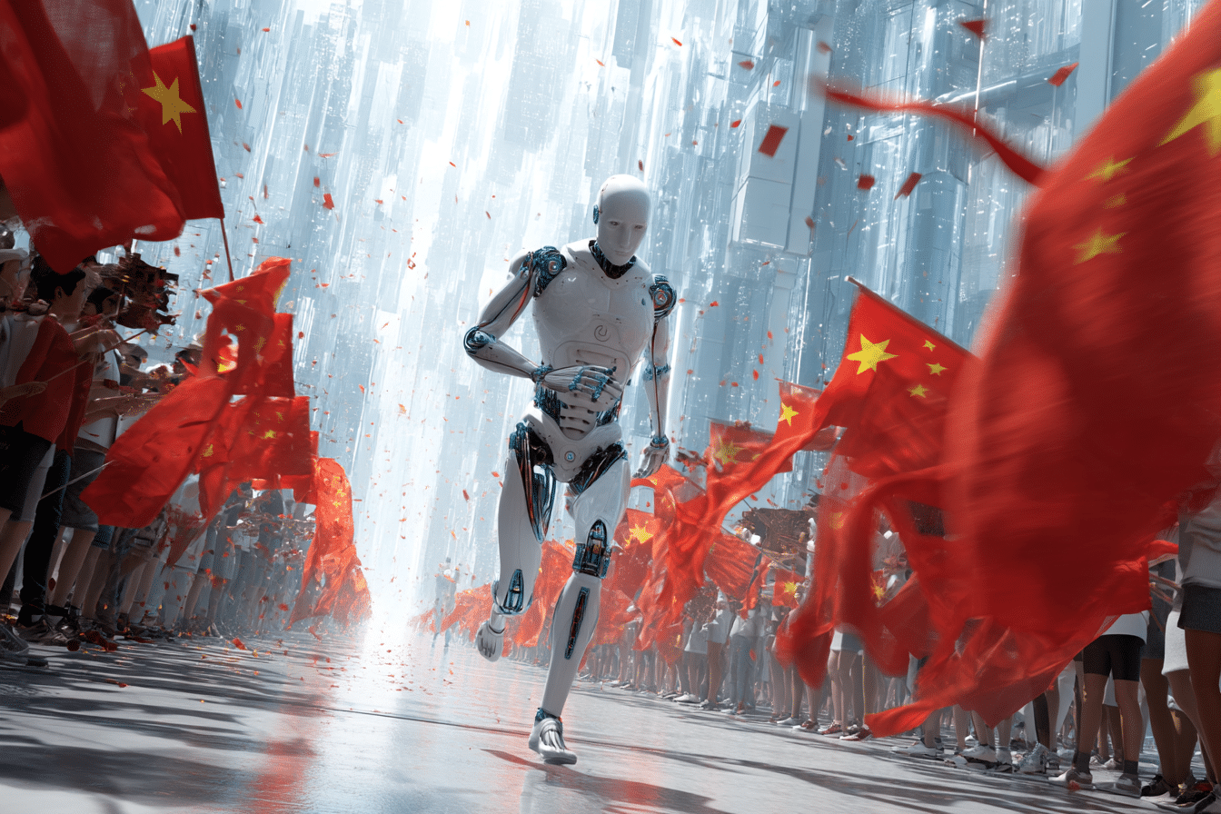 Un robot humanoide en pleine course entoure de spectateurs humains sous des drapeaux chinois flottants dans un stade high tech ou une rue urbaine stylisee